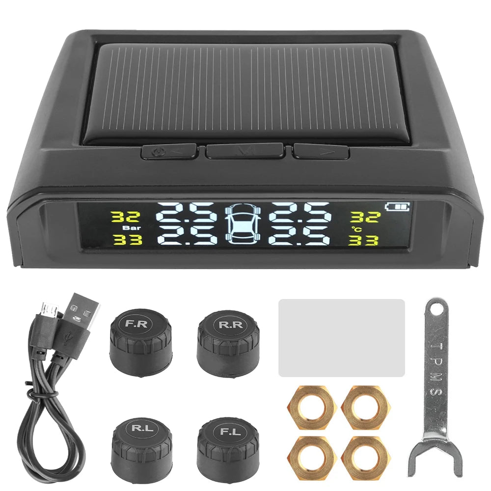 Car TPMS Intelligent Temperature Warning LCD Display Wireless Tire Pressure System USB Solar Powered + 4 External Sensors