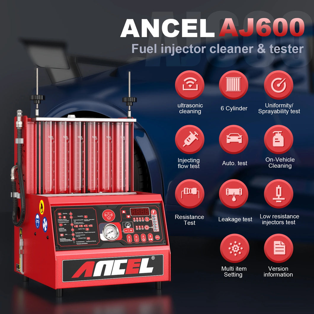 ANCEL AJ600 Car Fuel Injector Cleaner Tester 6-Cylinder Diesel Car Ultrasonic Fuel Injector Cleaner Machine for 110V & 220V