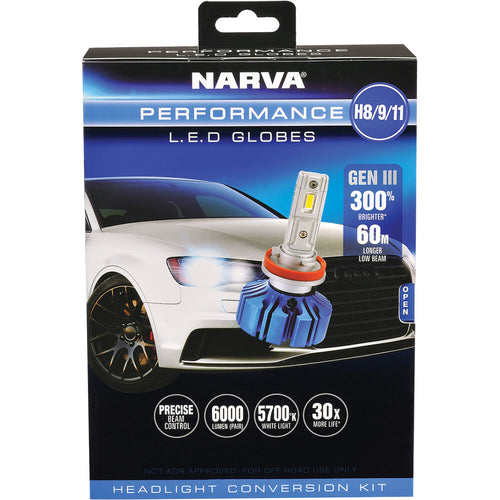 Narva H8/H9/H11 LED Headlight Globes Performance Kit GEN III 12/24V with T10 LED