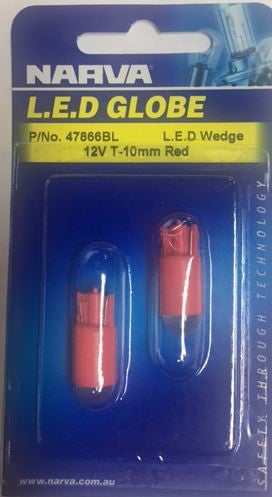 47866BL Narva Globe Wedge RED LED 12V T10mm - 2 x PAIRS