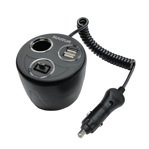 81058BL Narva Power-Cup Adaptor with Accessory and Twin USB Sockets, Retractable