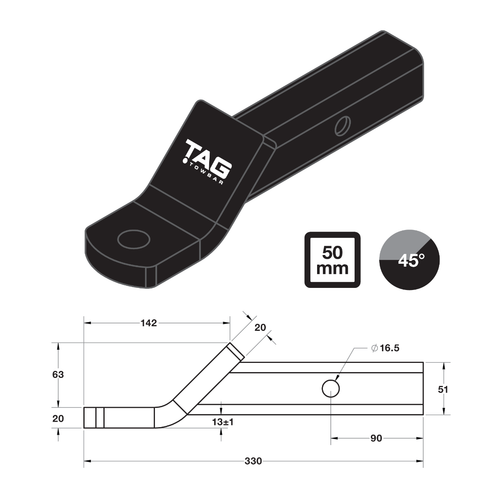 TAG Tow Ball Mount - 208mm Long, 45° Face, 50mm Square Hitch L4045-PC