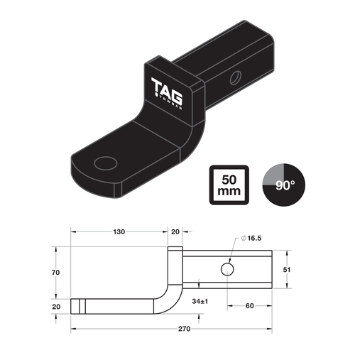 TAG Tow Ball Mount - 178mm Long, 90° Face, 50mm Square Hitch L4120-PC
