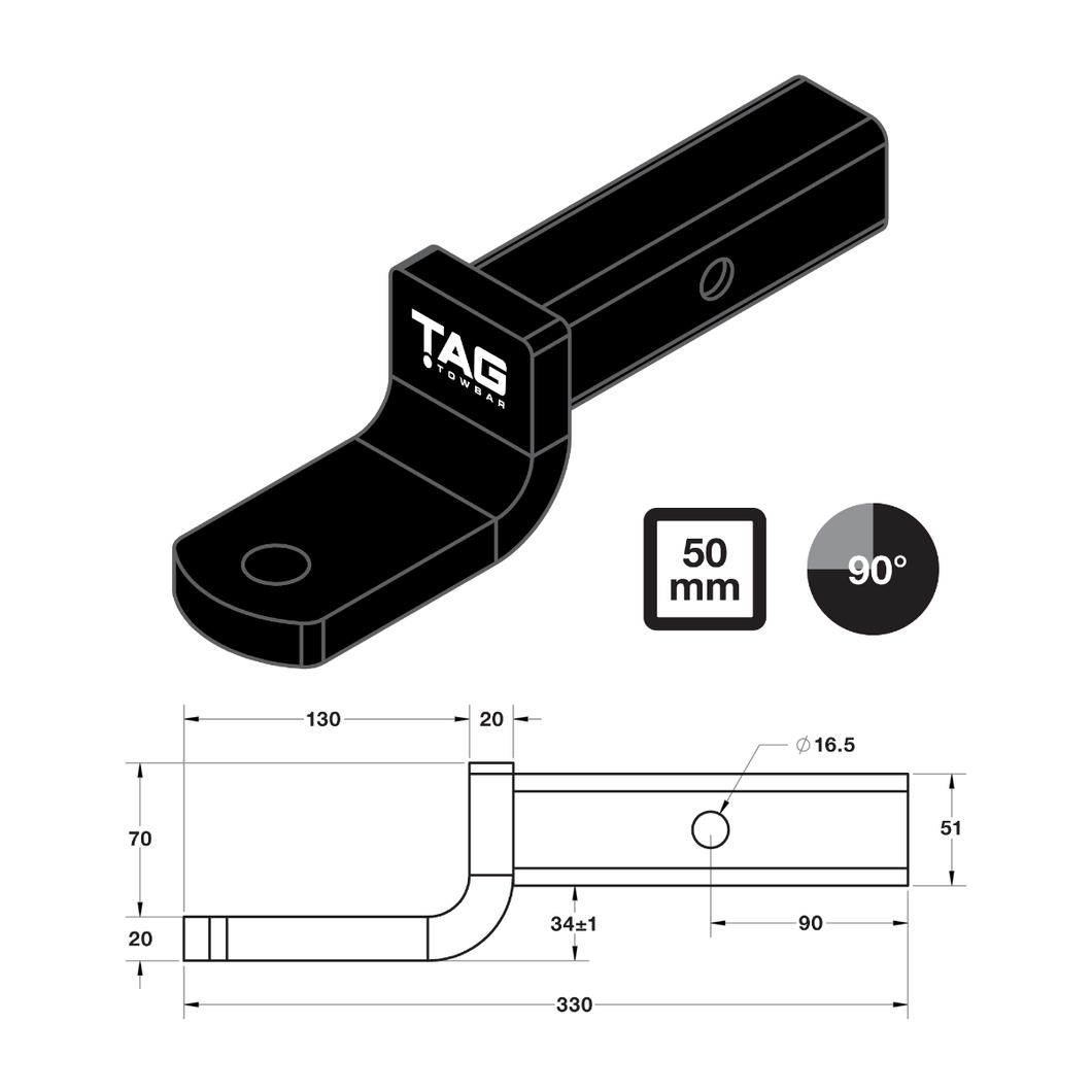 TAG Tow Ball Mount - 208mm Long, 90° Face, 50mm Square Hitch L4180-PC