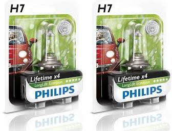 2 x Philips Long Life Eco Vision H7 Bulb Globe 12V 55W Life Time x4 12972 px26d