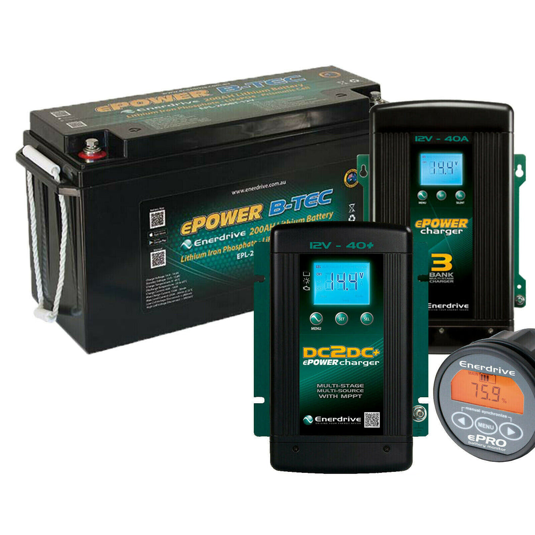 Enerdrive ePOWER B-TEC 12v 200aH Lithium Battery w/ AC & DC CHARGERS & Monitor